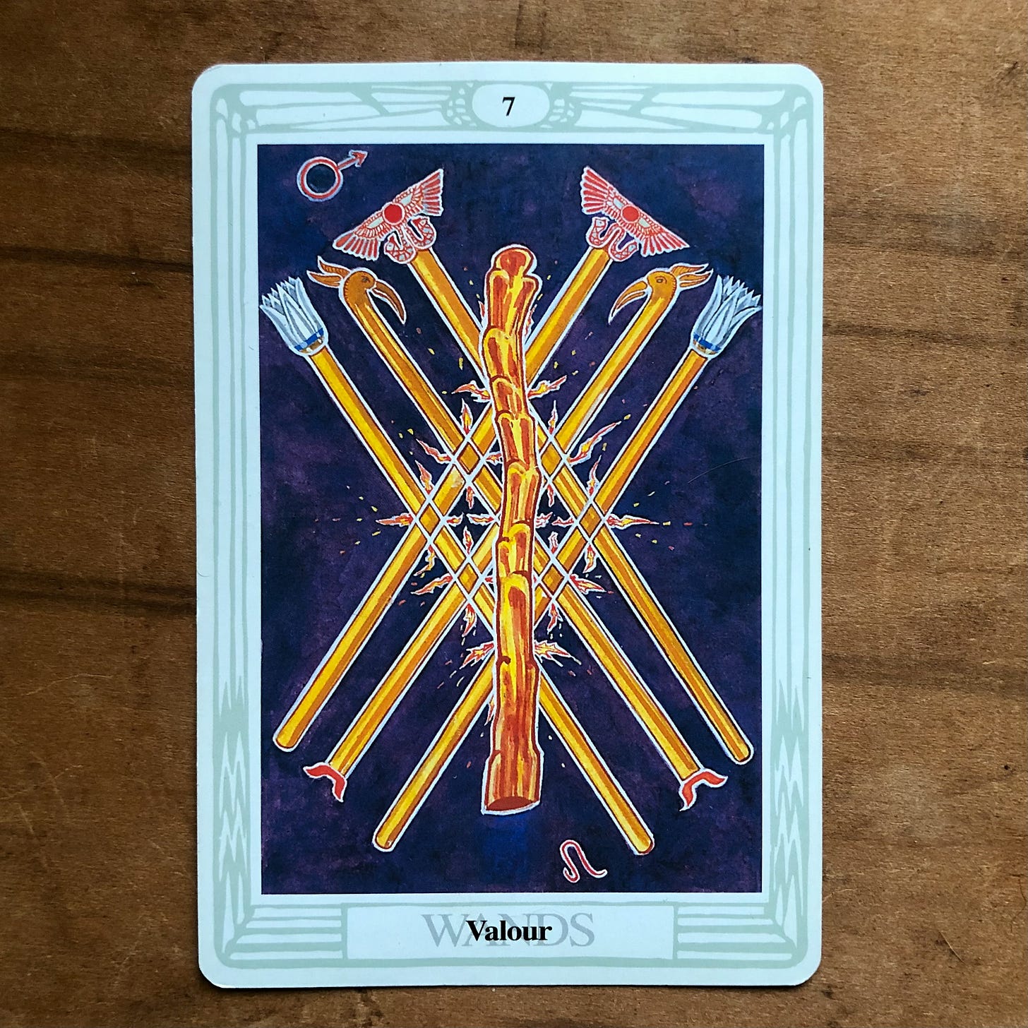 The Seven of Wands from The Thoth Tarot.