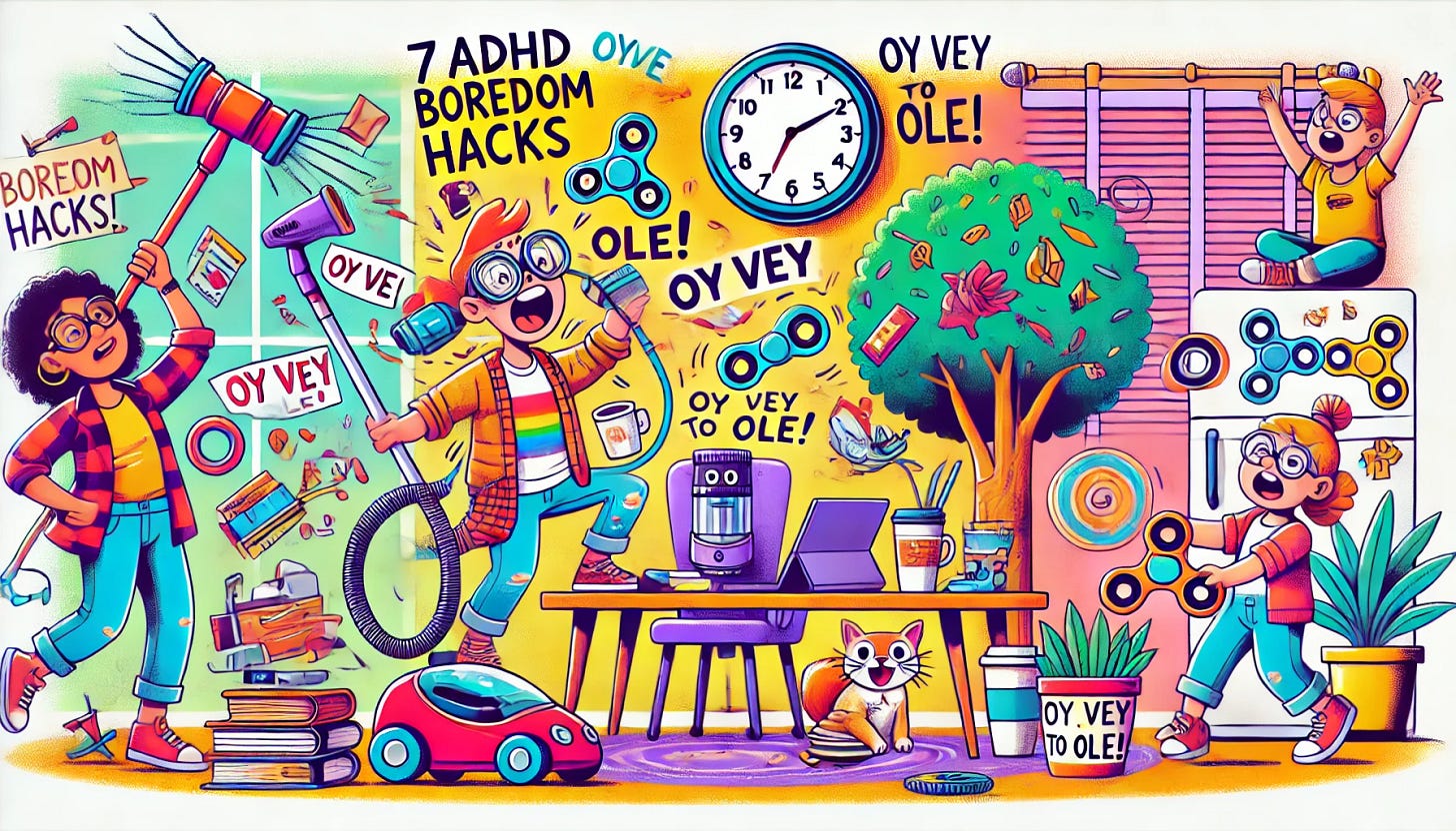 A vibrant and humorous illustration for an article titled '7 ADHD Boredom Hacks That’ll Take You from Oy Vey to Ole!' The image features a playful and colorful scene: a lively cartoon person with ADHD juggling absurd objects like a vacuum cleaner, a coffee cup, a clock, and a fidget spinner, all while yelling at a squirrel perched on a tree. The background includes a whimsical mix of chaos and productivity, like a half-folded laundry basket next to a freshly baked cake, with a desk cluttered with crafts and snacks. The scene is bright, energetic, and funny, with exaggerated expressions to capture the humor and relatability of ADHD life. The illustration should feel dynamic and engaging, drawing the viewer in with its absurdity and charm.