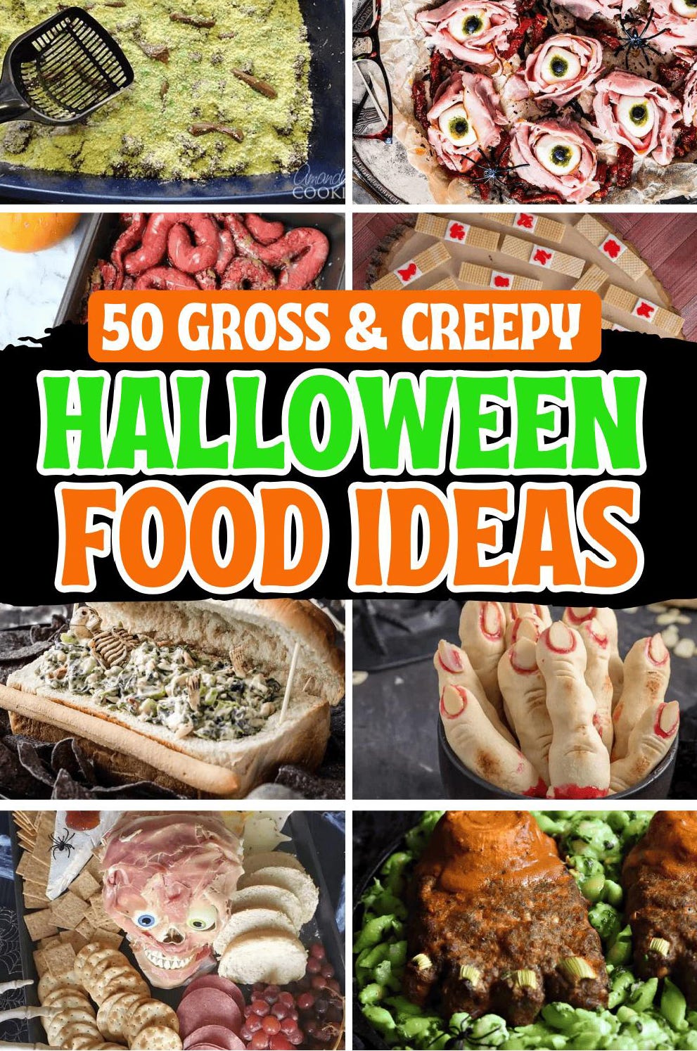 Cover of e-cookbook with food looking like cat litter, eyeballs, intestines, chopped-off fingers, and more