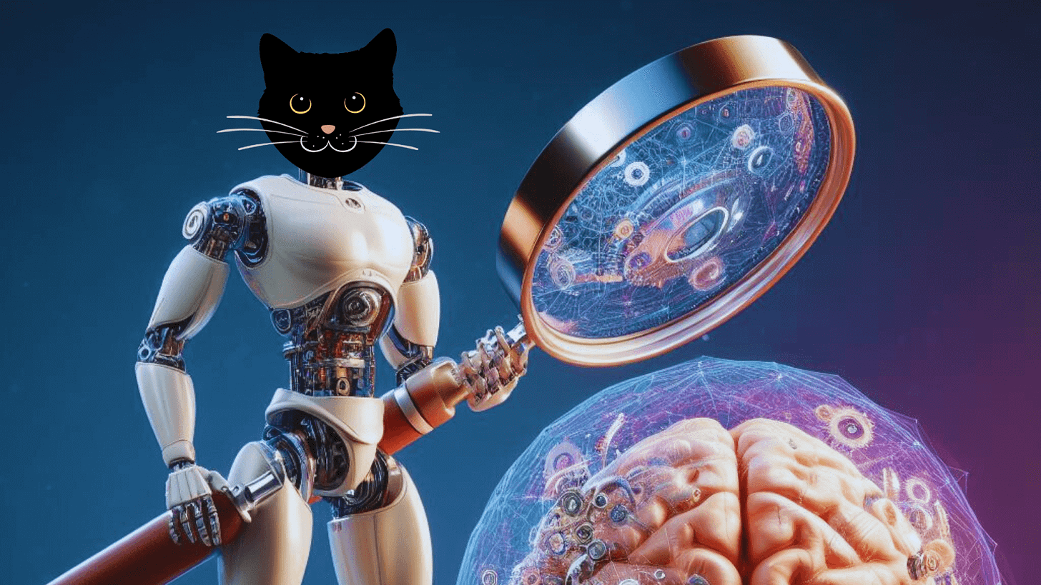 Image of robot cat holding a magnifier over an AI brain