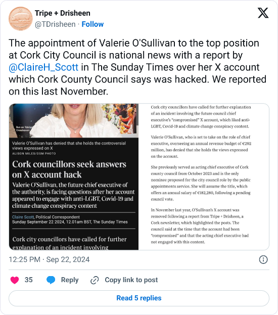 A tweet with the text, "The appointment of Valerie O'Sullivan to the top position at Cork City Council is national news with a report by @ClaireH_Scott in The Sunday Times over her X account which Cork County Council says was hacked. We reported on this last November."