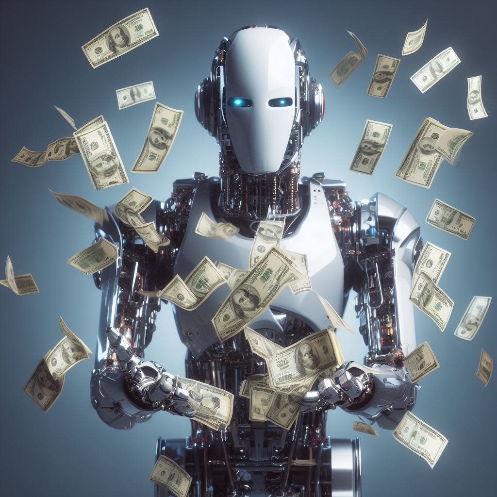 A futuristic android robot throwing hundreds of dollar bills straight to the camera