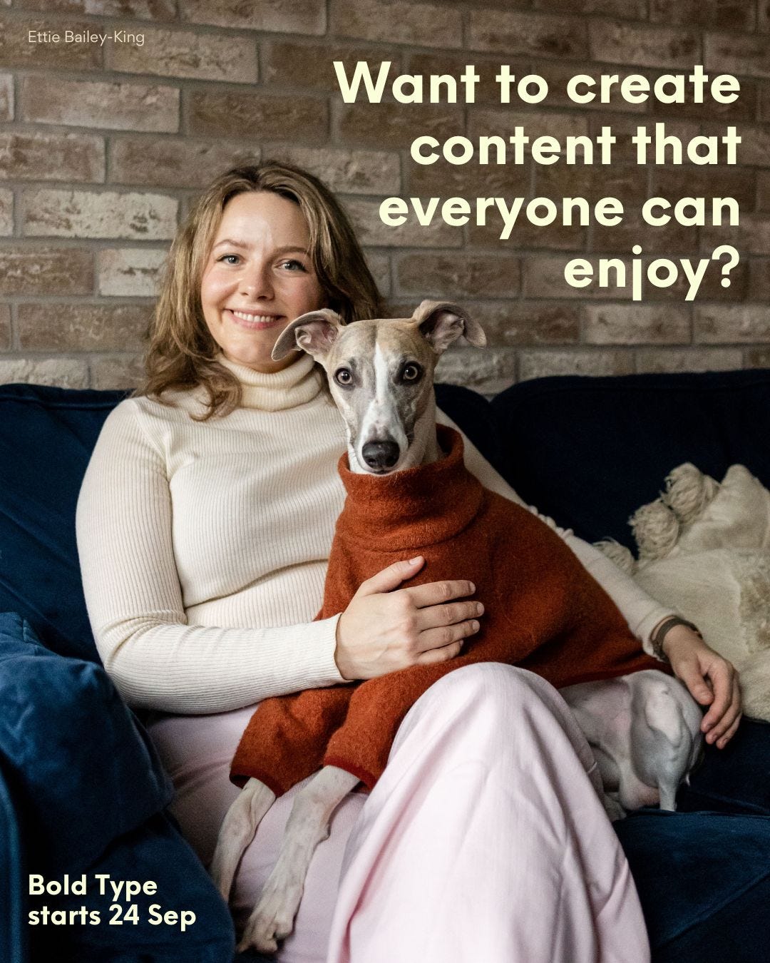 Image description: Ettie is a white woman with shoulder-length, dark blonde hair. She’s smiling at the camera, while her (adorable) dog is sat on her lap, wearing an orange turtleneck jumper.