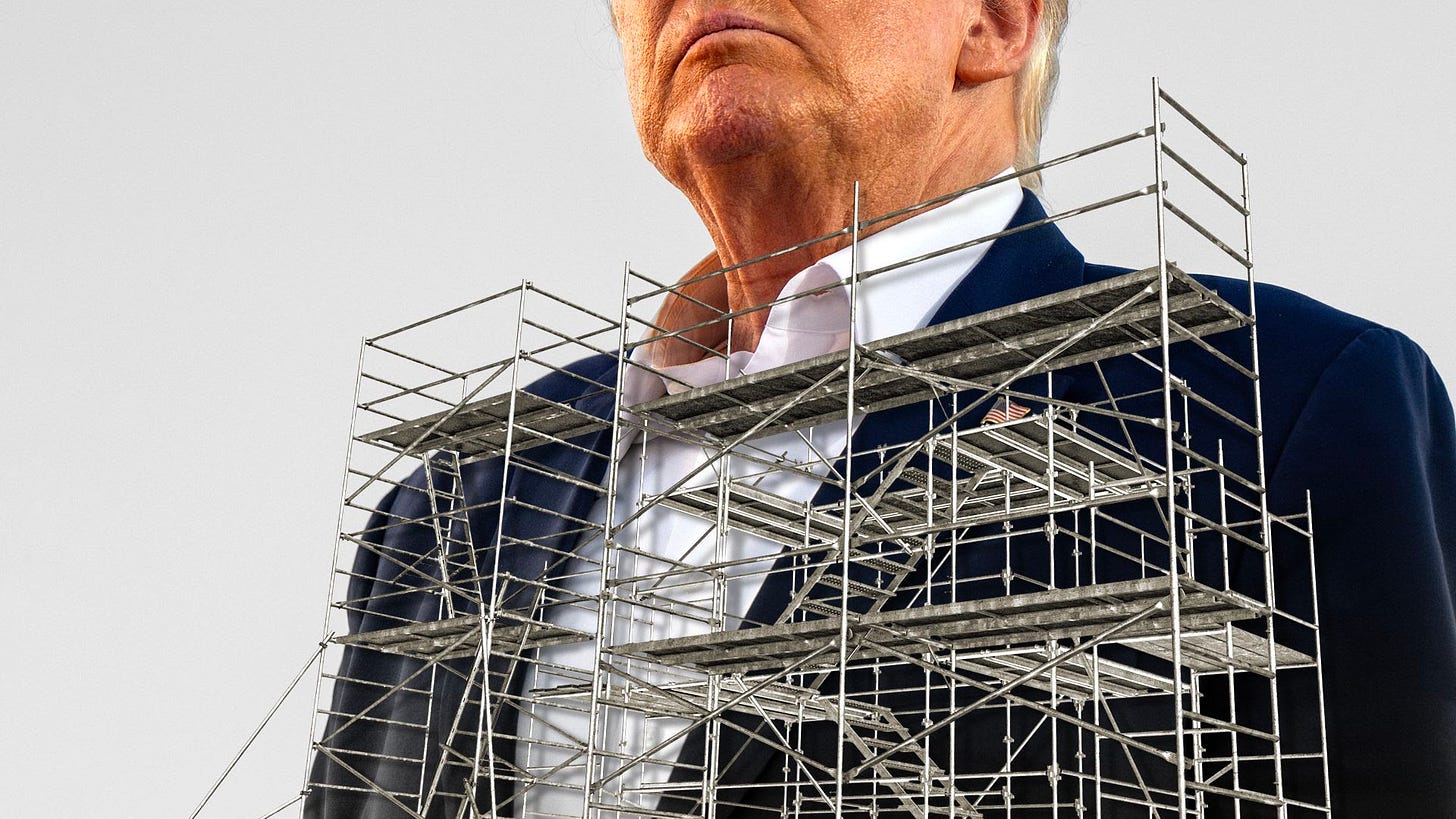 Illustration of Donald Trump with metal scaffolding up to his neck
