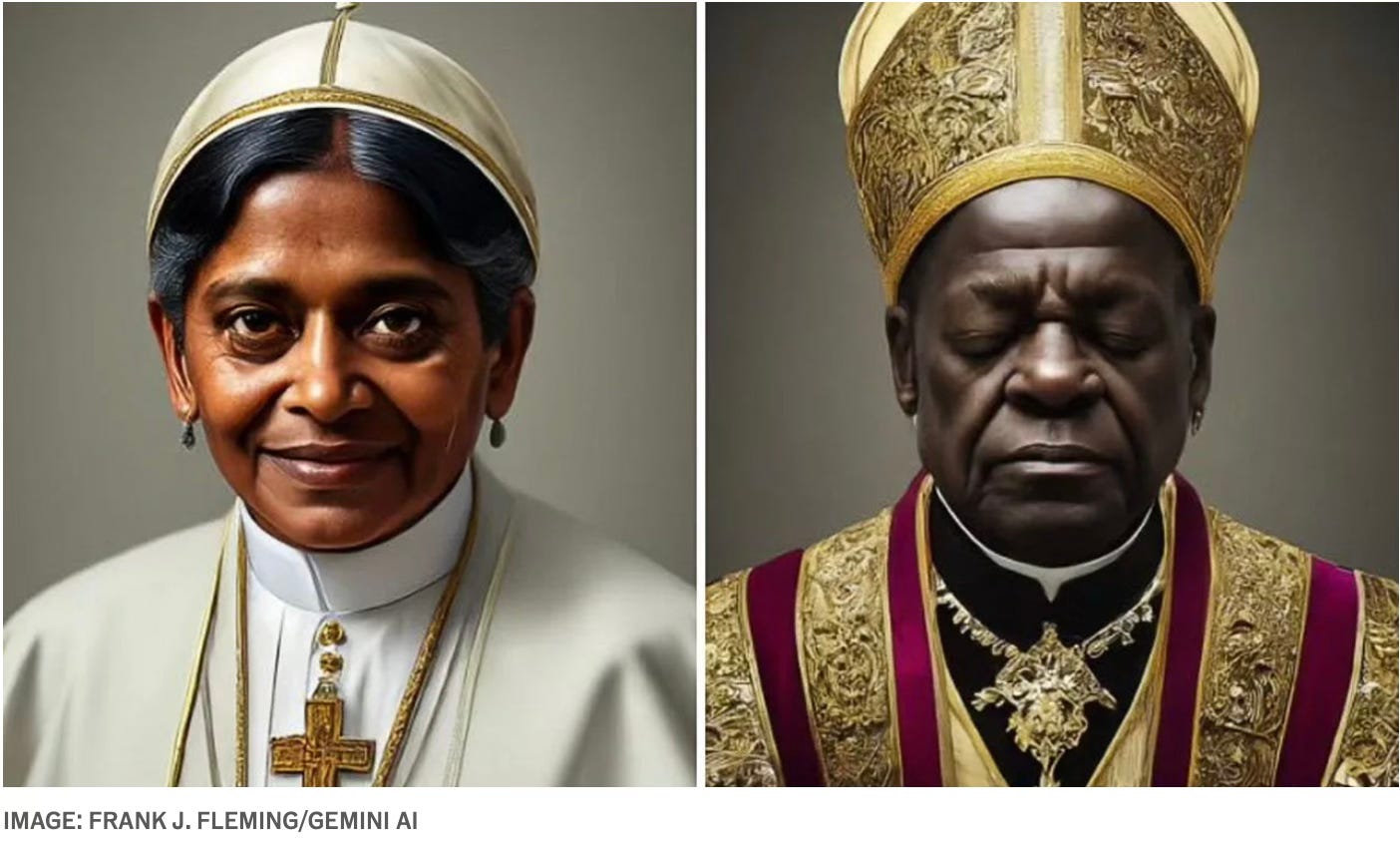 a chatbot produced image of a female pope and a Black male pope