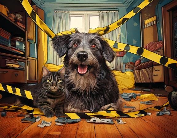 Cane meticcio sorridente e gatto tigrato grigio seduti in mezzo a una stanza disordinata con nastri di sicurezza gialli e neri sparsi intorno. La stanza sembra la scena di un 'crimine domestico', con oggetti rotti e un'aria di caos. Il cane appare felice e complice, mentre il gatto è calmo e osserva la situazione.