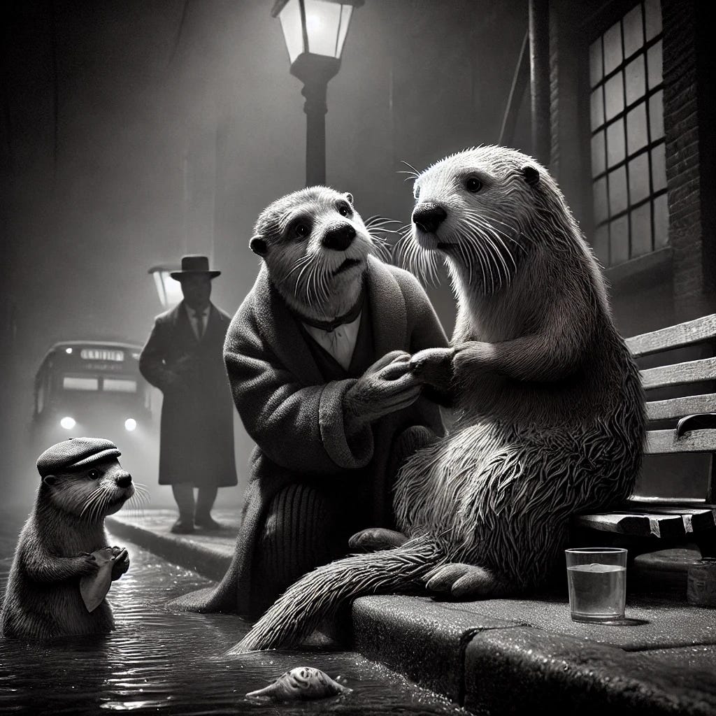 A black-and-white photorealistic scene of otters reenacting the iconic scene from 'A Streetcar Named Desire,' set in an urban environment. An elderly, weary otter named Blanche Otterbois sits on a worn city sidewalk, her fur unkempt and damp. Her arms and paws appear more realistic, naturally proportioned, and detailed. A large, authoritative sea otter, the Keeper of the Streets, gently takes her paw as he prepares to lead her away. Nearby, two otters watch—one wearing a little cap, the other holding a fish. Streetlights cast long shadows, and the atmosphere is melancholic and dramatic.