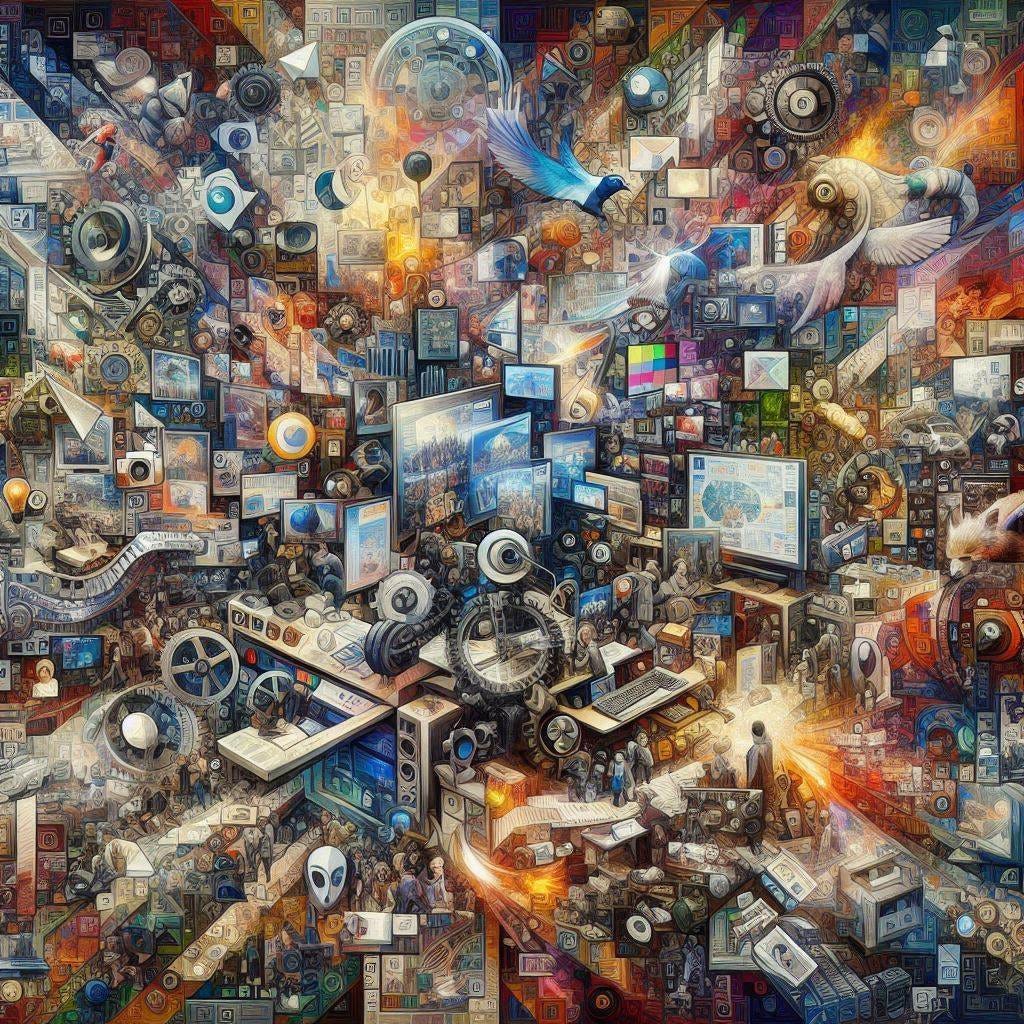 create a montage of images baed on this. "n the contemporary landscape of media and entertainment, a growing discourse has emerged around the synchronization of news events and entertainment narratives. This summary delves into the intricate relationship between these two realms, exploring the implications of concurrent programming and the pervasive influence of propaganda." chaotic art, lots of images, and 
