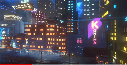animated GIF from the cyberpunk video game Cloudpunk, showing a hovercar flaying through the city.