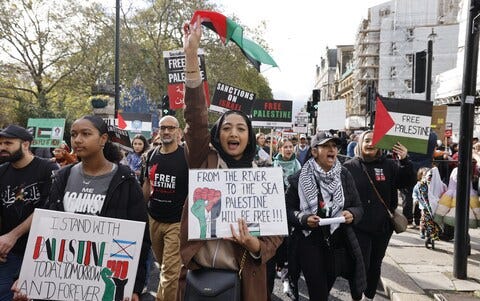 Placards and Palestinian flags waved at the anti-Israel demonstration