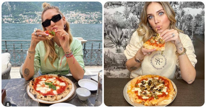 Due foto di Chiara Ferragni che mangia la pizza