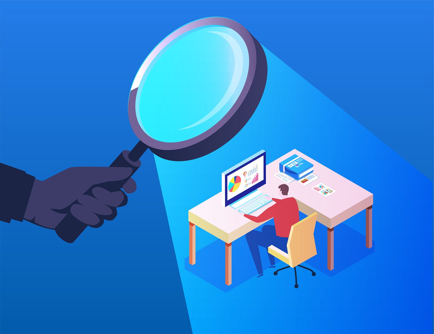 Illustration of employee monitoring (a disembodied hand holds a magnifying glass over an employee sitting at a desk).