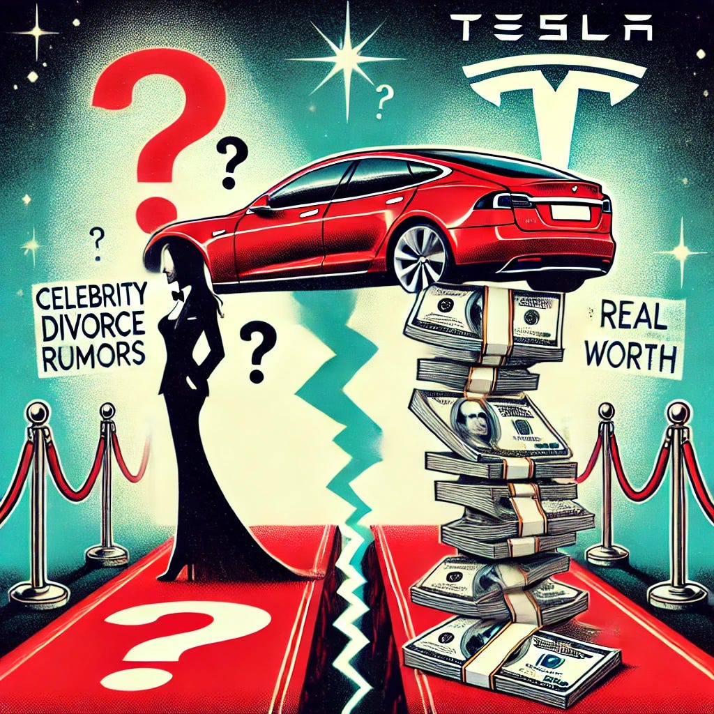 A symbolic illustration depicting celebrity divorce rumors and Tesla's real worth. The image features a glamorous Hollywood-style red carpet split in two, representing a rumored breakup. On one side, a silhouette of a celebrity couple with question marks over their heads, hinting at speculation. On the other side, a Tesla car precariously balancing on a stack of dollar bills, with some bills falling off, symbolizing its inflated valuation. In the background, exaggerated tabloid-style headlines floating in the air, adding to the dramatic effect.