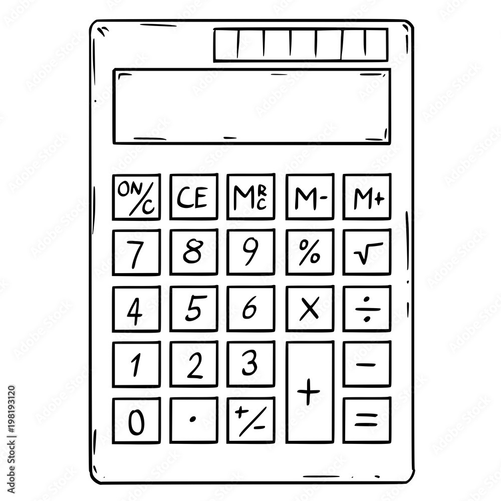 Cartoon drawing conceptual illustration of electronic calculator with empty or blank display.