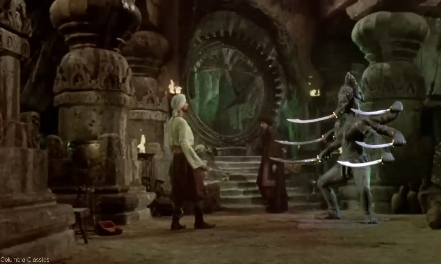 Sinbad is about to fight the statue of six-armed Kali.