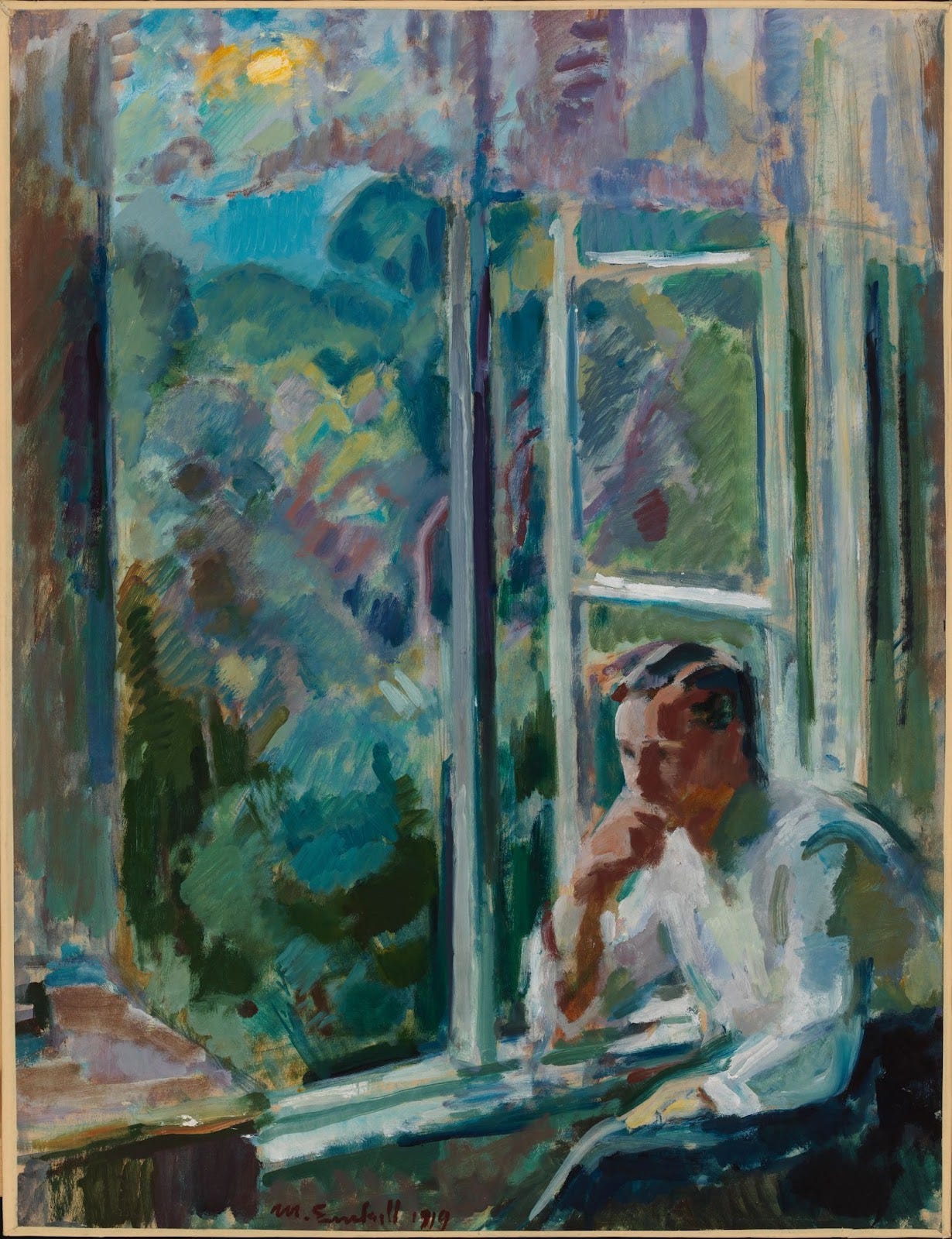 Colorful painting of a man, shown in profile wearing a white shirt, lost in a day dream, with a large window overlooking a natural landscape in the back