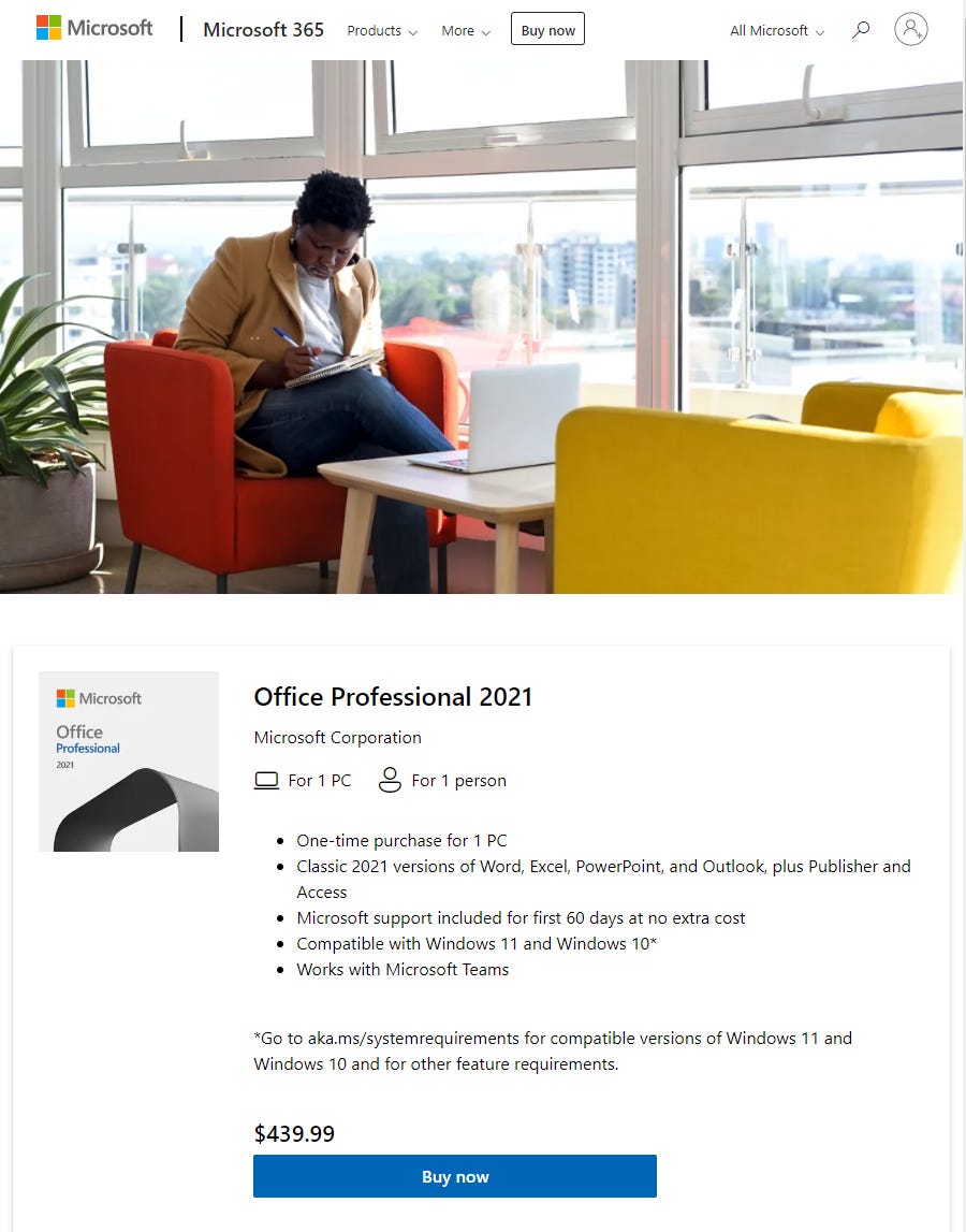 Screenshot of the official listing for Office Professional 2021 from Microsoft. The price is $439.99