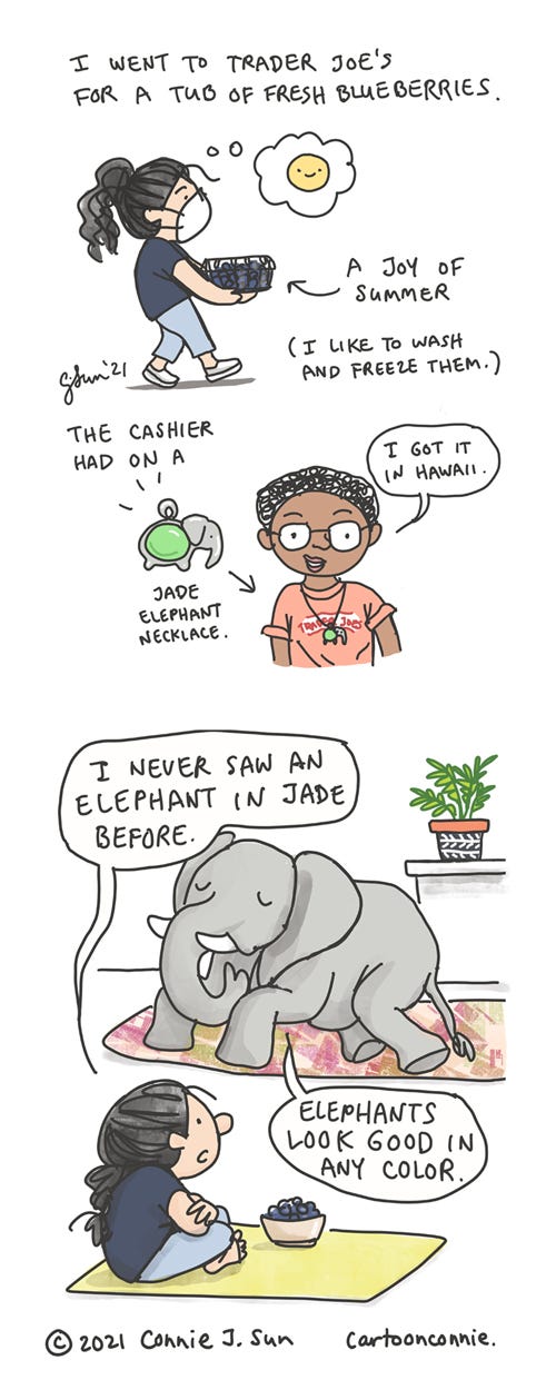 Sketchbook: Jade Elephant Illustration of a girl buying summer blueberries to freeze, a cashier wearing a jade elephant necklace, and an interior scene of a girl talking to an elephant with a bowl of blueberries, sketchbook drawing by Connie Sun, cartoonconnie