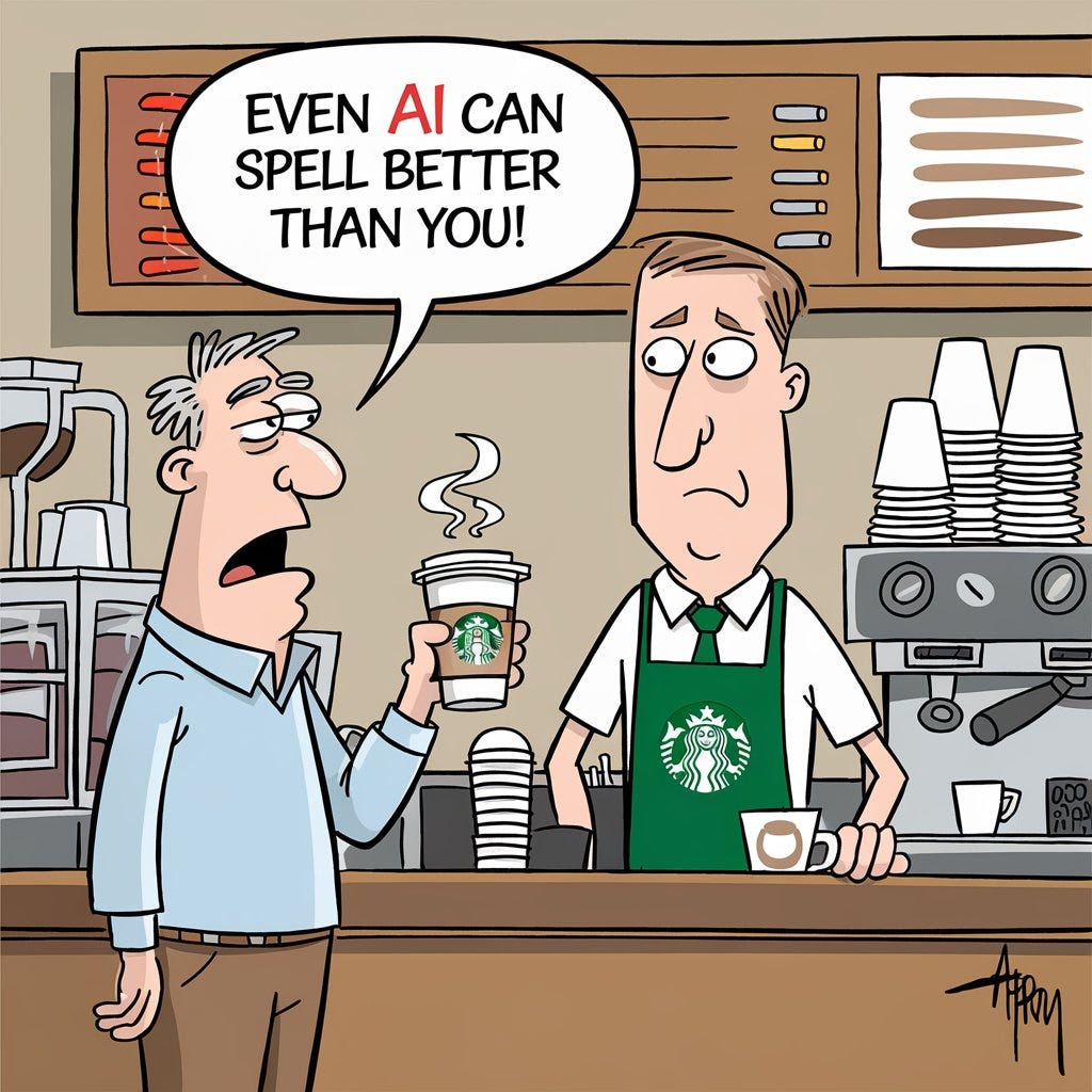 Cartoon illustration: Starbucks coffee shop. A frowning customer holds a coffee cup, saying to the barista, “Even AI can spell better than you!” The barista stands behind the counter, next to coffee machines, stacked cups, and ingredients. by FLUX