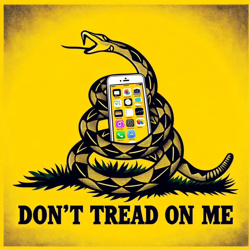 The Gadsden flag, with the rattlesnake coiled around a smartphone.