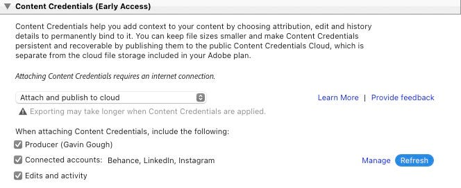 Adobe Content Credentials options applied when exporting from Adobe Lightroom Classic