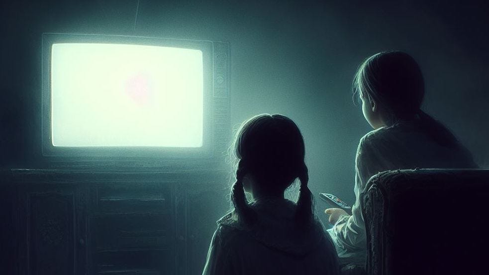 Two children watching TV in the dark