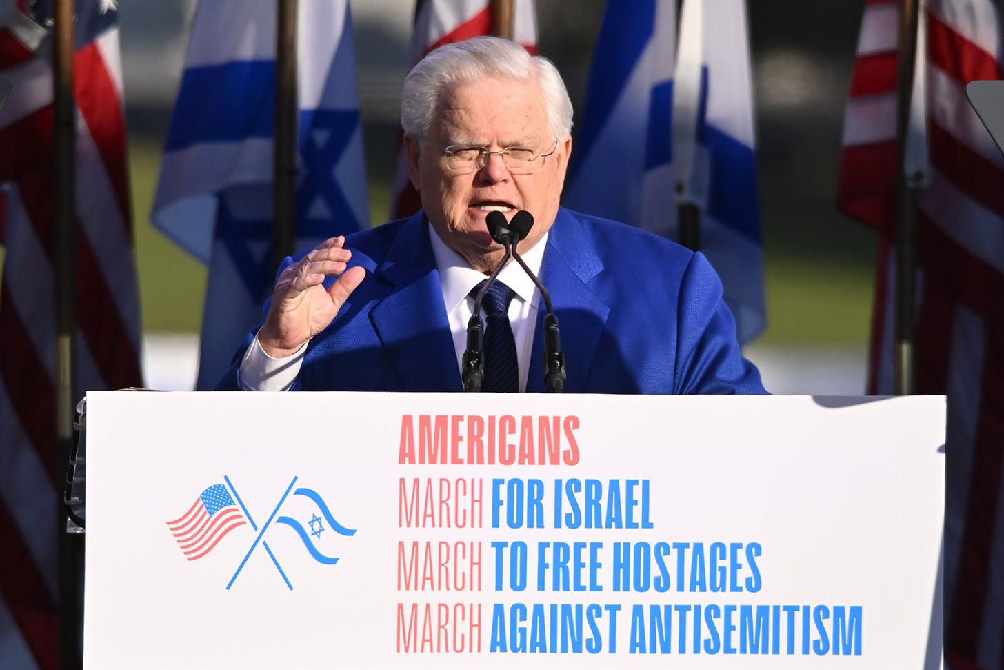 WASHINGTON, DC - NOVEMBER 14: Pastor John Hagee speaks during 'March For Israel' at the National Mall on November 14, 2023 in Washington, DC. The large pro-Israel gathering comes as the Israel-Hamas war enters its sixth week following the October 7 terrorist attacks by Hamas. (Photo by Noam Galai/Getty Images)