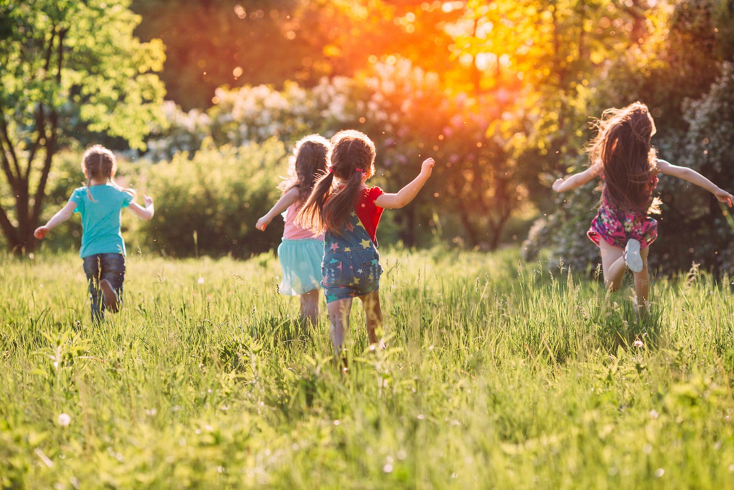 a photo of kids running off in the woods together. Also I'd just like to point out for anybody who is curious or concerned, I am committed to never using AI images on here. I license these images using a stock from my institution and I make sure all of these are real photos, not AI.