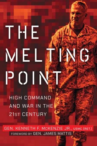 The cover of The Melting Point by Gen. Frank McKenzie shows the title in bold white letters at the top, with the author's name below. The overall color scheme is dark with fiery orange and yellow highlights, enhancing the intensity of the scene.