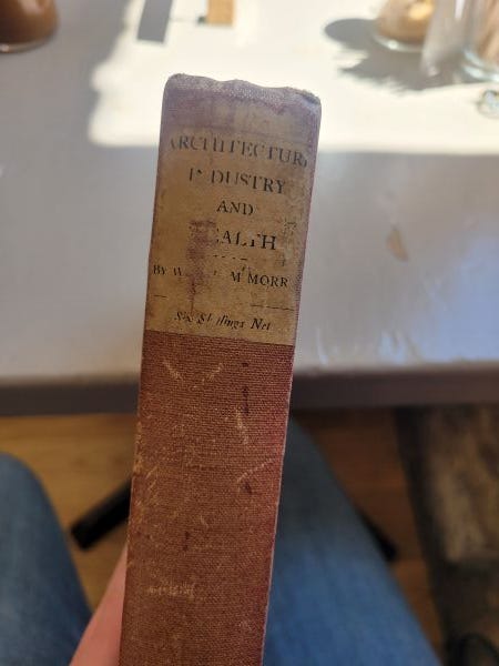 photo of the very faded spine of the book architecture, industry and wealth by william morris