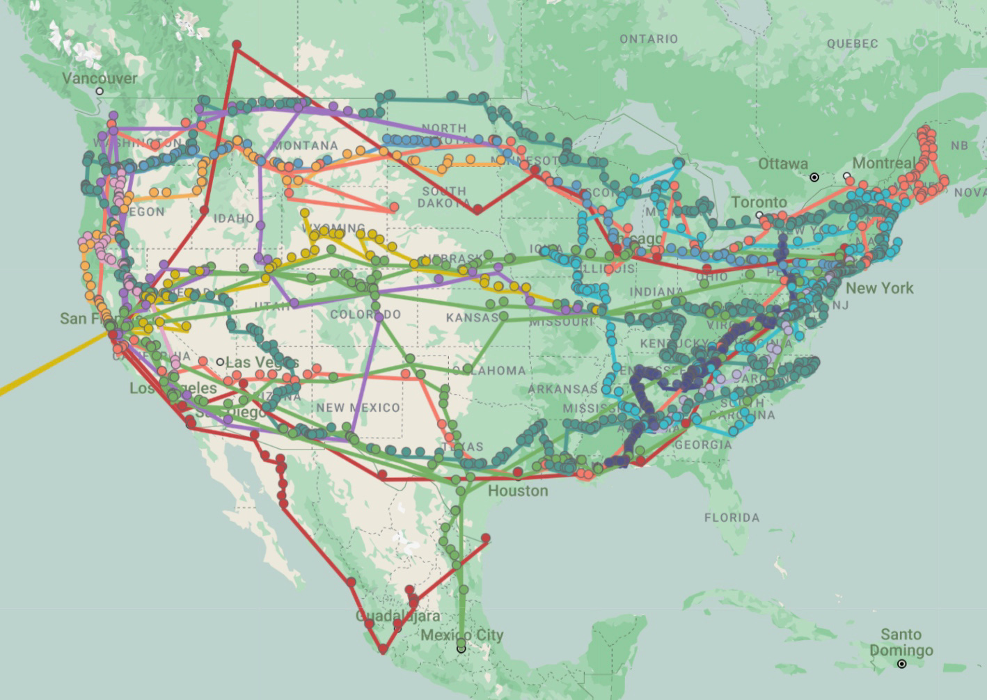 It's a map of America with coloured lines denoting each separate road trip. You can click on the blobs to bring up quotes from the books in question. Not in this picture, but in the one on the page you reach if you click on the link in the paragraph above.