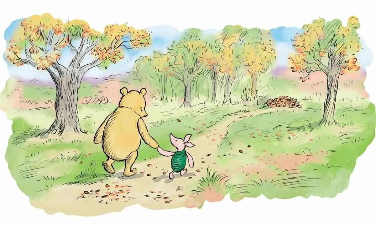 Winnie the Pooh and Piglet, watercolor, holding hands while walking in the wood.