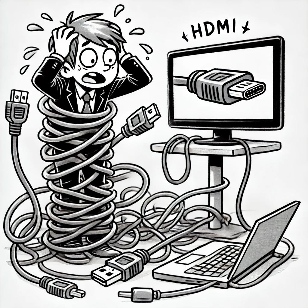 Black and white cartoon drawing in the same style, featuring the same presenter character tangled up in a mess of cables, with some wrapped around their arms and legs. Next to the character is a laptop with an HDMI port clearly visible. The character looks frustrated or confused, adding humor to the scene. The drawing uses simple linework, exaggerated expressions, and a playful tone.