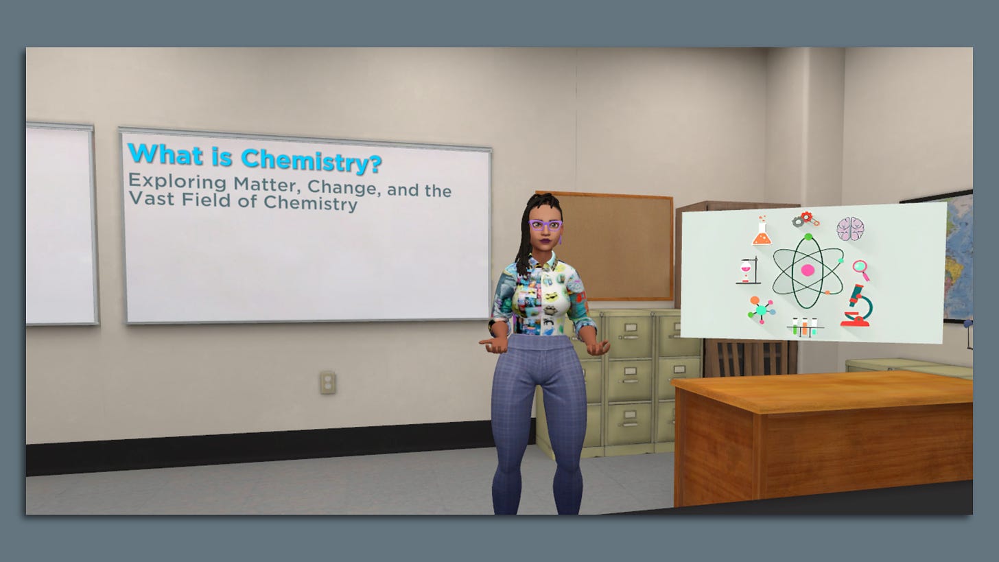 Screenshot of a cartoon 3D teacher model standing in front of a classroom whiteboard that displays the words "What is Chemistry?"