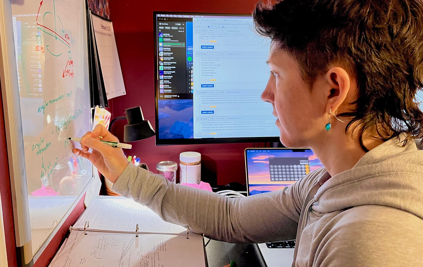 Photo of the author writing on a whiteboard surrounded by notes and computer screens