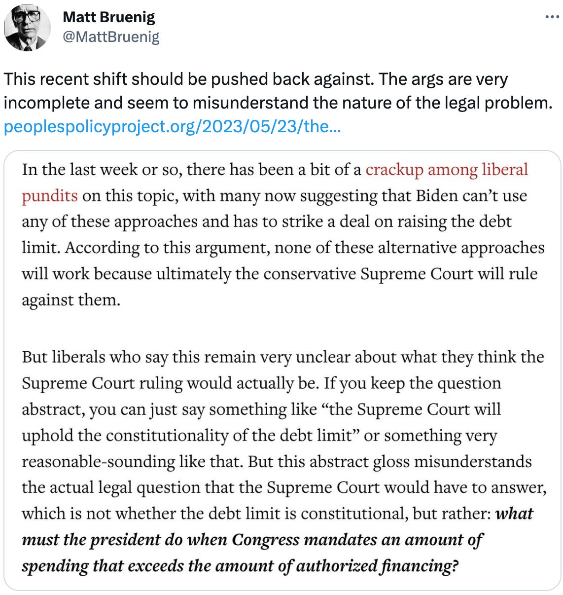 This recent shift should be pushed back against. The args are very incomplete and seem to misunderstand the nature of the legal problem. https://peoplespolicyproject.org/2023/05/23/the-debt-limit-situation/