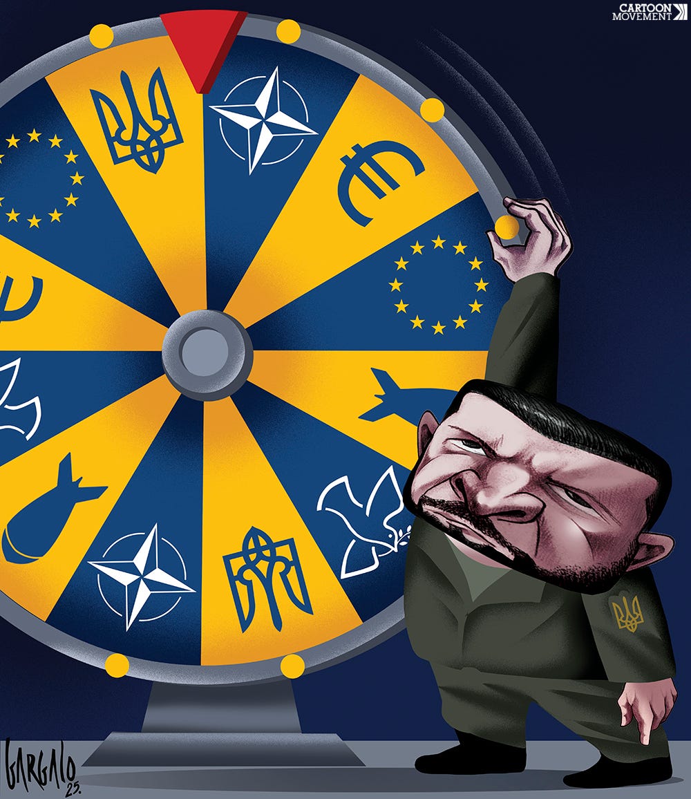 Cartoon showing Zelensky, who is about to spin a large wheel of fortune, to determine the future of Ukraine. On the wheel are the logos of Europe and NATO, symbols of bombs and symbols of the dove of peace.