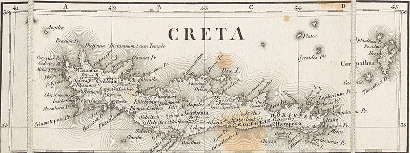a black and white hand drawn map of ancient Crete