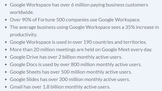 Stats about the amounts of users for Gmail, Google Drive, Google Workspace, and more