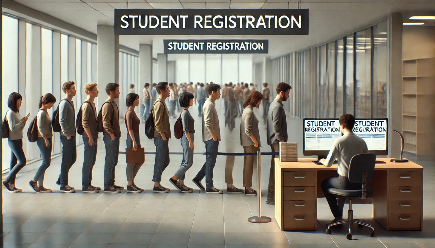Students in multiple lines waiting for registration, with one person handling the process. 