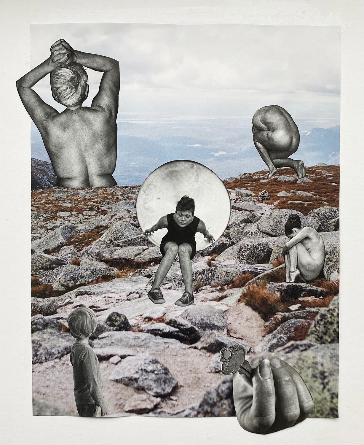 collage featuring women's bodies and a rocky mountain horizon