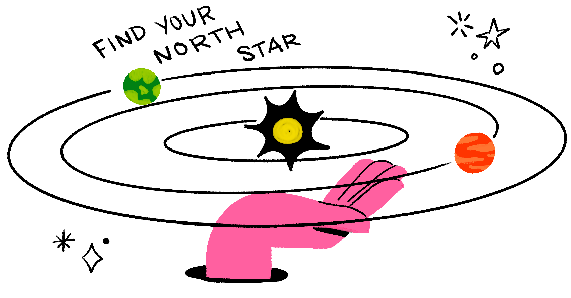 An illustration of a solar system with a hand hovering below the star in the center