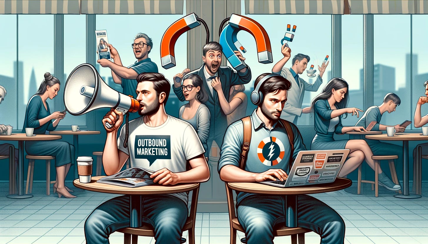 Two freelancers sitting at two different tables in a coffee shop, depicted in a realistic style. The first freelancer wears a shirt with a megaphone design and is surrounded by a couple of people behind him, actively giving out flyers and coupons, representing outbound marketing. The second freelancer wears a shirt with a magnet design and is wearing headphones, focused on their work, symbolizing inbound marketing. There are no people behind the second freelancer. The coffee shop is bustling with activity, yet the contrast between the two freelancers' approaches to marketing is evident.