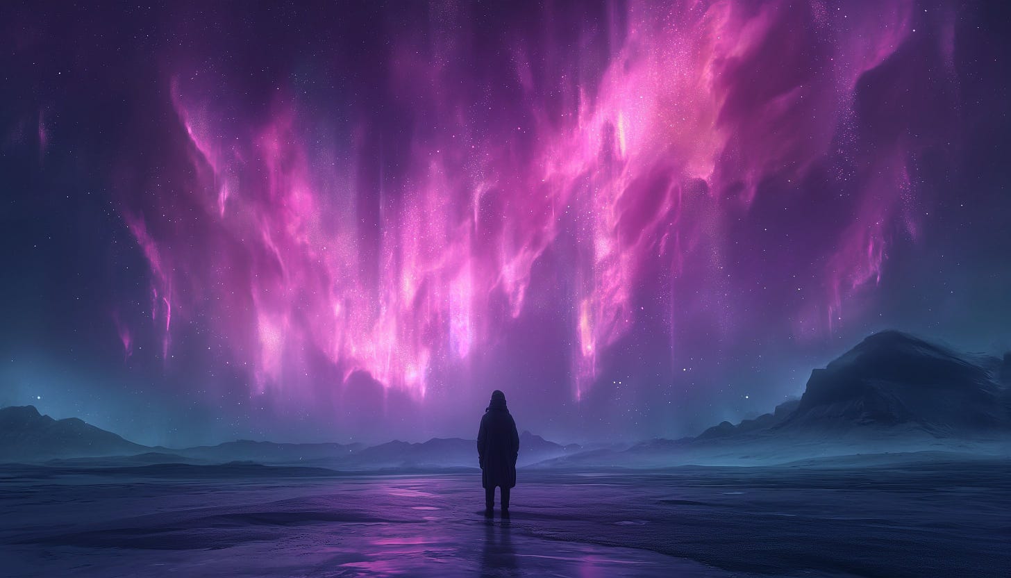 aurora borealis light HD wallpaper | digital painting | a character standing on the edge of the abyss | frozen movement | luminiscent purple scheme --s 750 --ar 7:4 --style raw --v 6.0