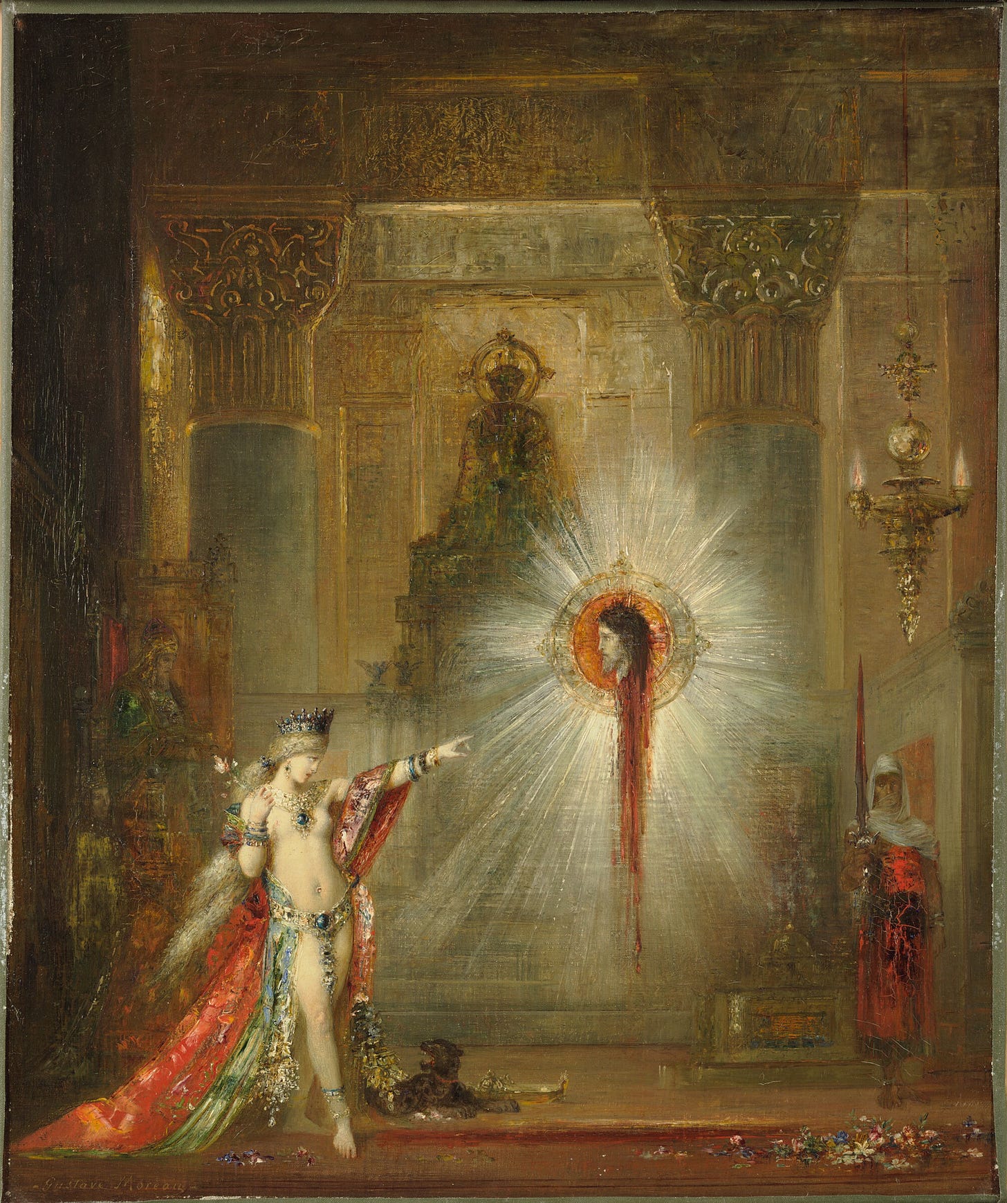 Inside a palace, before a king and queen on a throne, a woman stands pointing at a vision of a disembodied head