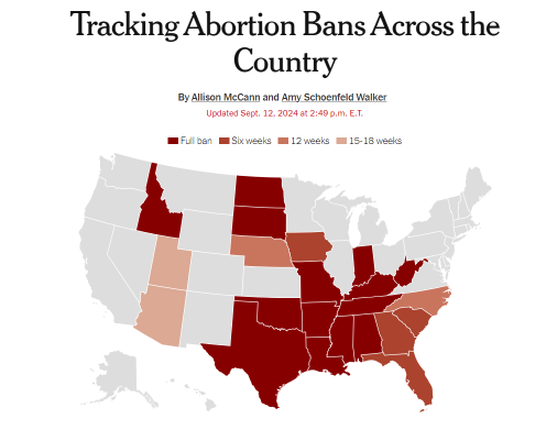 Map of US abortion bans by state published in the New York Times, last updated Sept 12, 2024