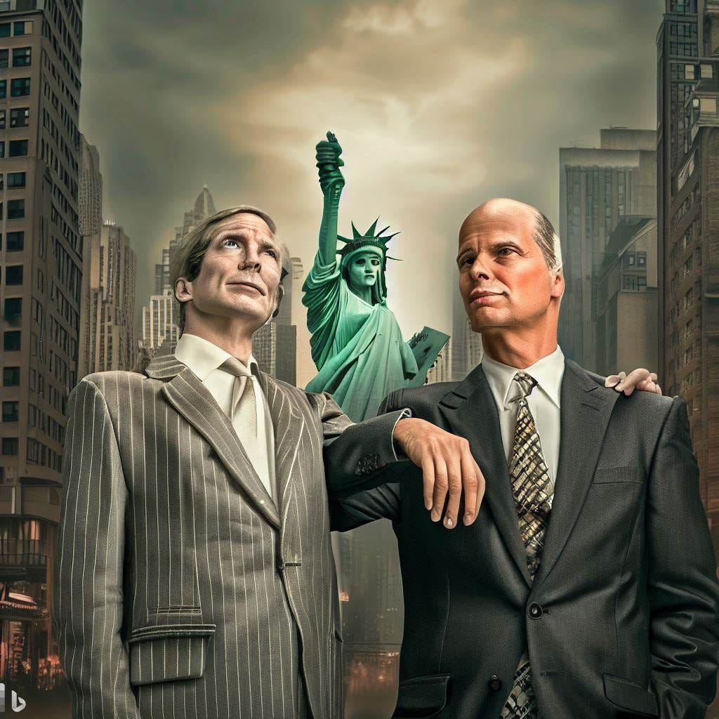 a photorealistic image of two middle age swiss bankers, wall street with statue of liberty looming over them at a distance