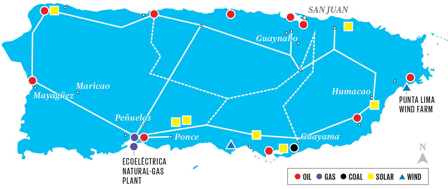 A map showing parts of Puerto Ricou2019s 230-kilovolt and 115-kV transmission networks.