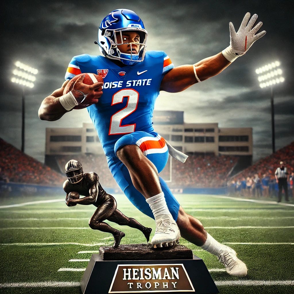 Ashton Jeanty, Boise State running back, is striking the classic Heisman Trophy pose. He is wearing his blue and orange Boise State football uniform with the number 2, one arm extended forward to fend off imaginary defenders while the other holds the football close to his body. His leg is lifted, showing his athletic balance and poise. The background includes a football field and stadium stands with cheering fans, emphasizing his potential as a Heisman Trophy contender. The pose is dynamic, capturing the excitement and symbolism of college football's top honor.