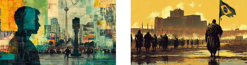 Two-part image: the left side features a layered, abstract urban scene with a silhouetted profile of a man set against a cityscape filled with tall buildings, crowds, and vibrant, mixed media textures, conveying a sense of modern life and social movements. The right side depicts a historical or dystopian scene of a lone figure holding a Brazilian flag, standing before a line of mounted soldiers approaching an ancient structure resembling a fortress, set against a yellow sky, evoking themes of revolution and resilience.